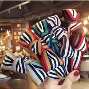 Женский обруч для волос в Корейском стиле, элегантный обруч с бантом сбоку, обруч для волос из ткани в полоску, обруч с бантом для девочек-подростков