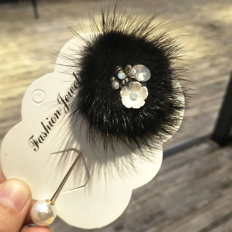 Black Brooch I-Remiel, женская мода, шарик из меха норки, женский цветок, длинная игла, брошь на булавке, шарфы, цинковый сплав, жемчужные булавки и броши, платье для рубашки - Окраска металла: Black Brooch