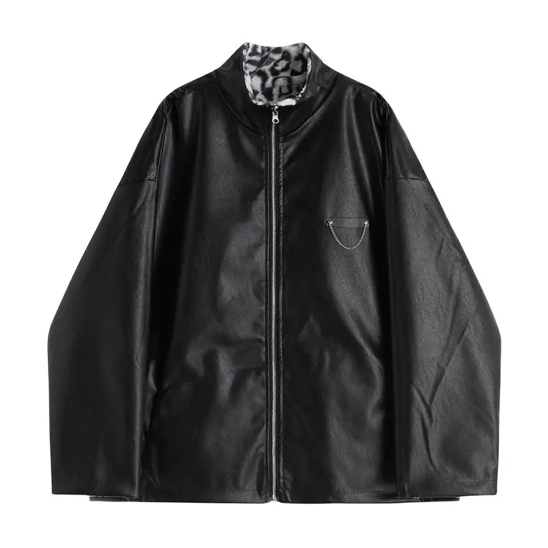 Women Leopard Cotton Jacket Leather Coat Warm Thick Turtleneck Unisex Oversize Vintage Gothic Hip Hop Fashion Female Fur Outwear