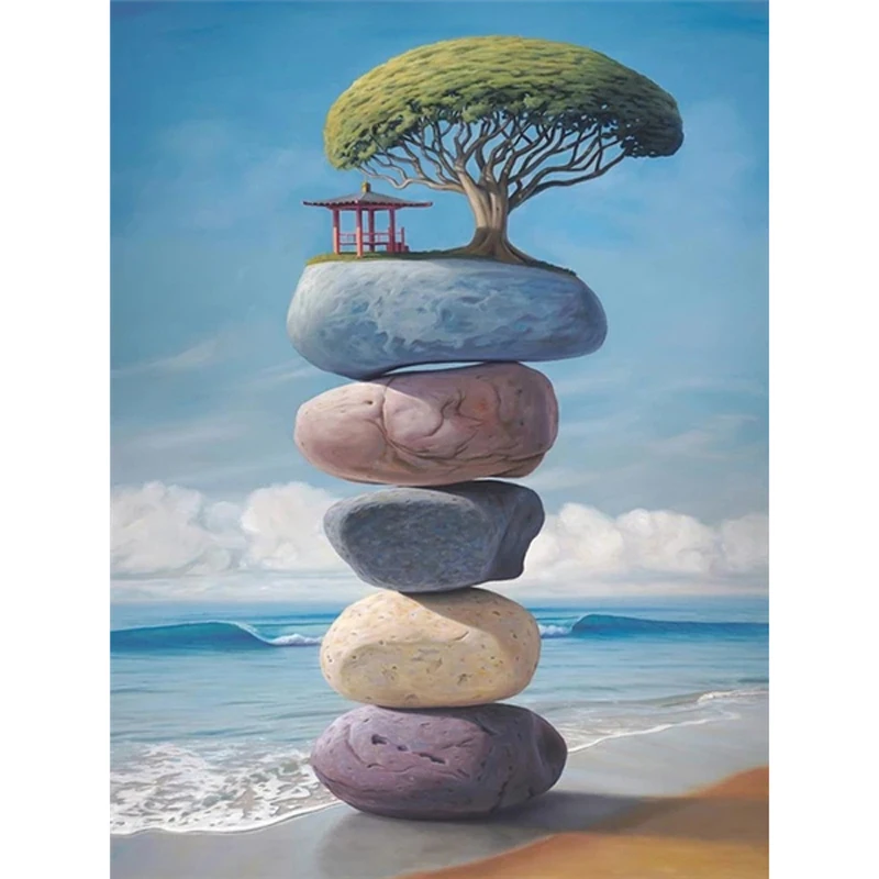 

5D Diamond Painting Full Drill Seaside Stone Tree Home Decor Mosaic Embroidery Scenery Cross Stitch Custom Diamond Art Picture