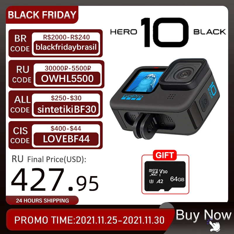 GoPro HERO 10 черная подводная Экшн-камера 4K 5.3K60 видео, шлем Спортивная камера 23MP фото, 1080p прямая трансляция Go Pro HERO10 - изображение