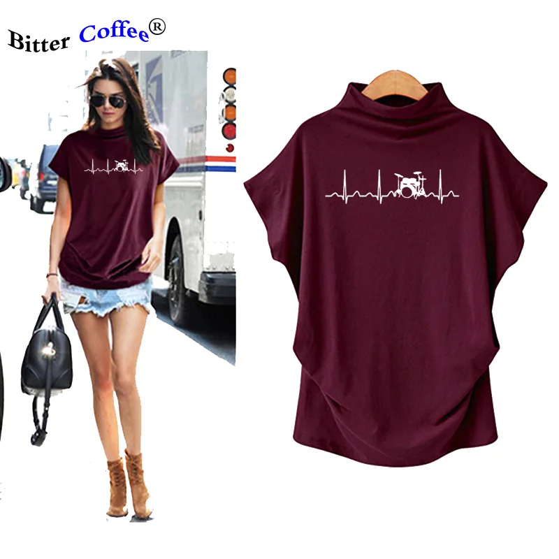 

NEW T Shirt Women Casual Turtleneck Custom Printed T Shirts WoMen'S Short Sleeve Top O-Neck Drums Drummer Heartbeat T Shirt