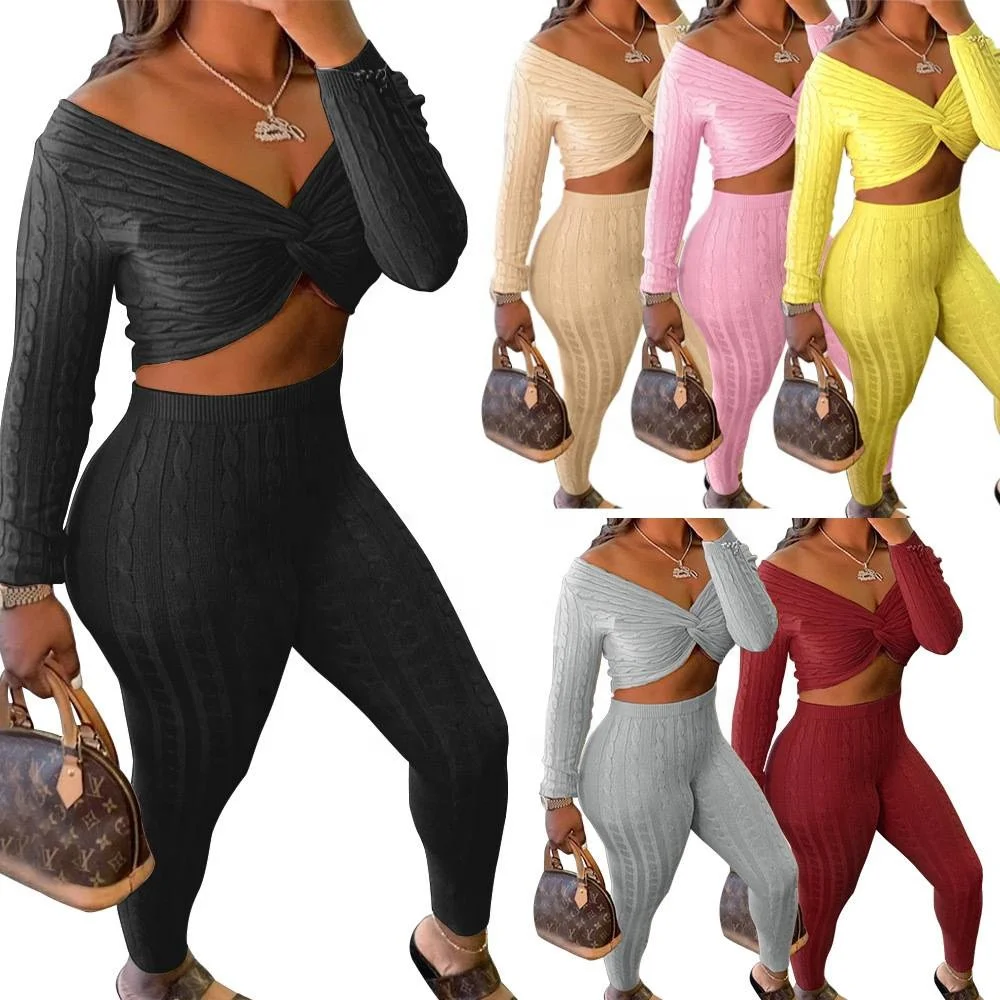 

In stock Sexy Women Fall Clothing Knitted 2 Piece Sets Women's Sweaters Outfits Women Sets Two Piece