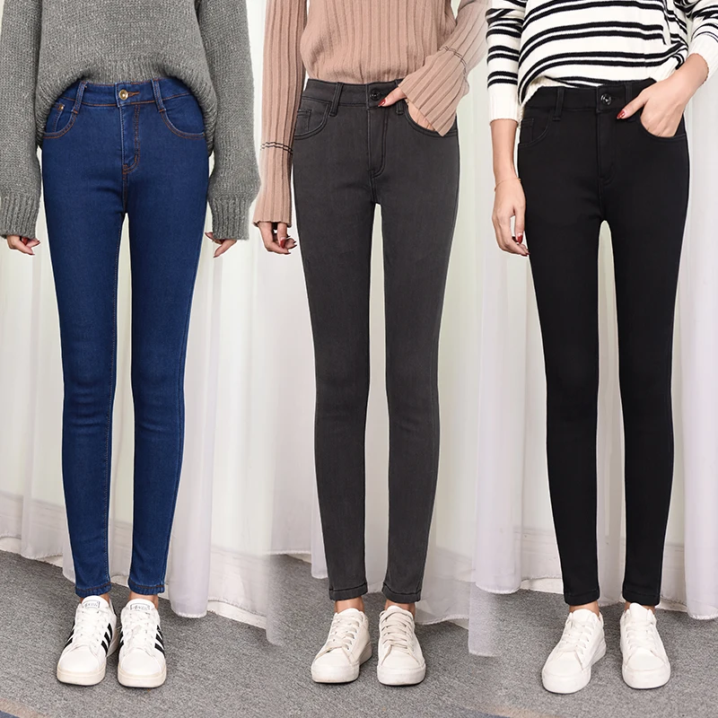 

2020 Women Stretch High Waist Winter Plush Warm Oversized Jeans Lady Plus Size 5XL Skinny Pants Students Jeans Pencil Trousers
