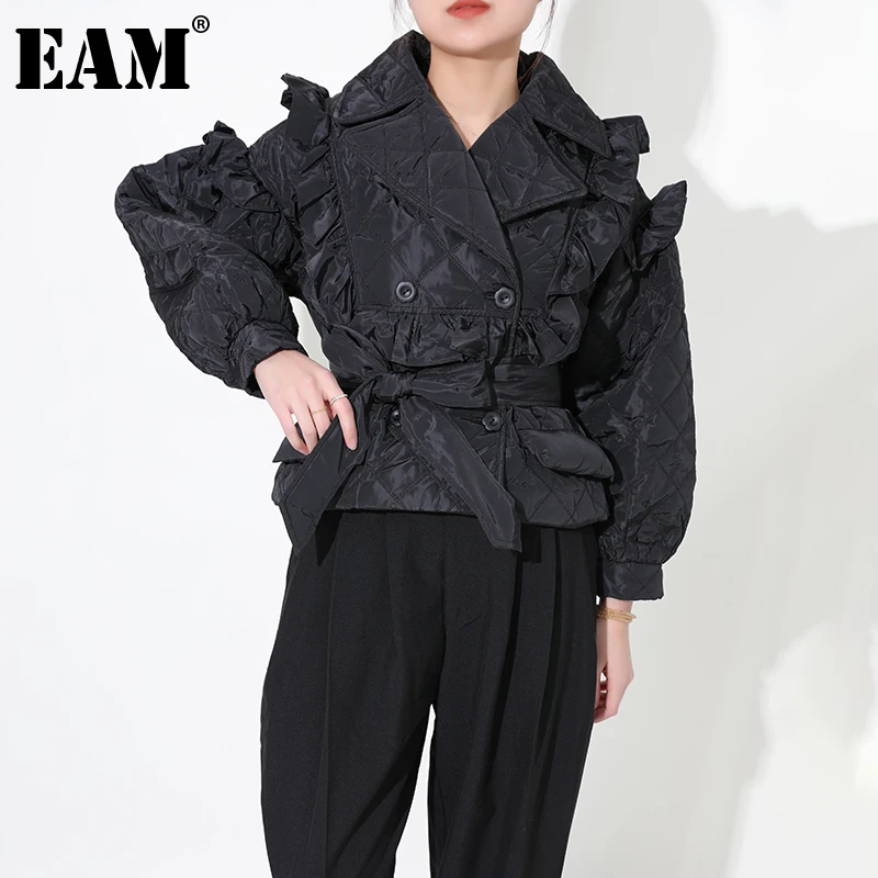 

[EAM] Большой размер, пальто с поясом и хлопковой подкладкой, свободные женские парки с длинным рукавом, модная новинка осень-зима 2022 1DD215801