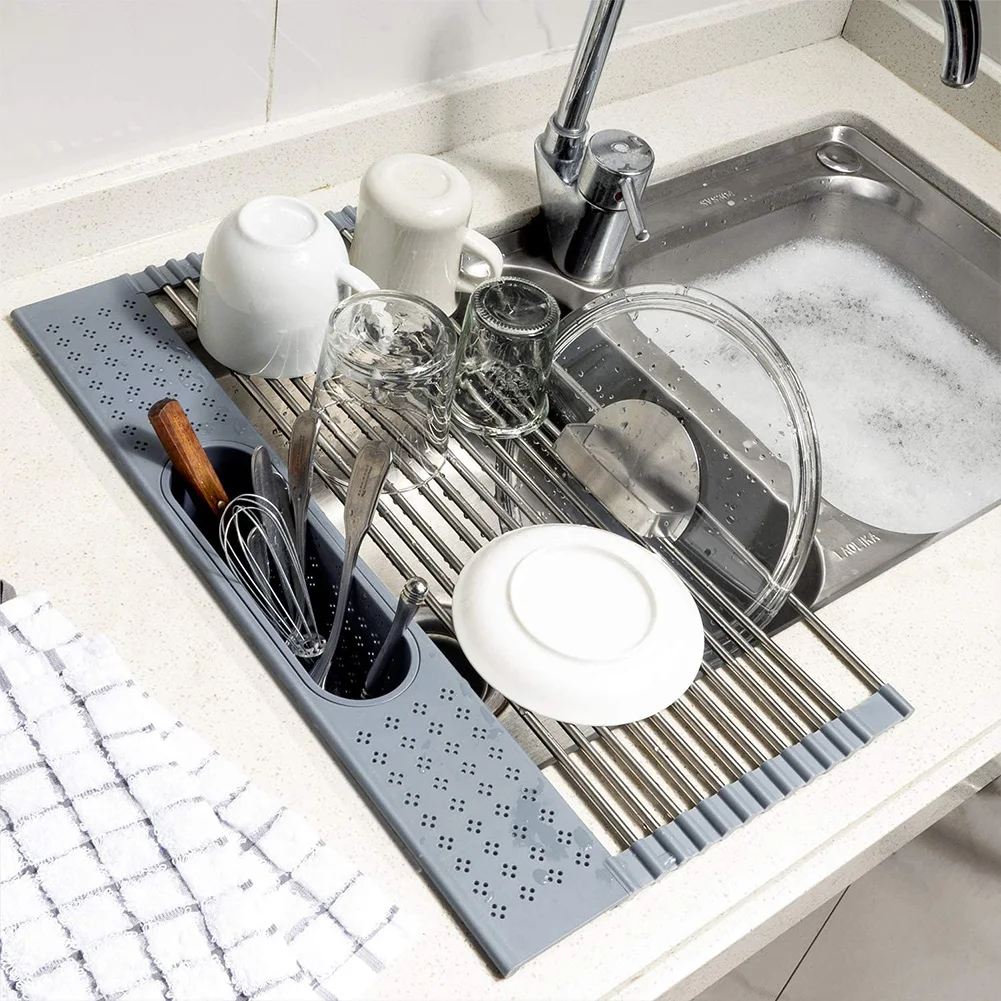 

Foldable Stainless Steel Dish Drying Rack Holder Sink Drain Rack Storage Organizer Roll Up Dish Drying Rack For Kitchen
