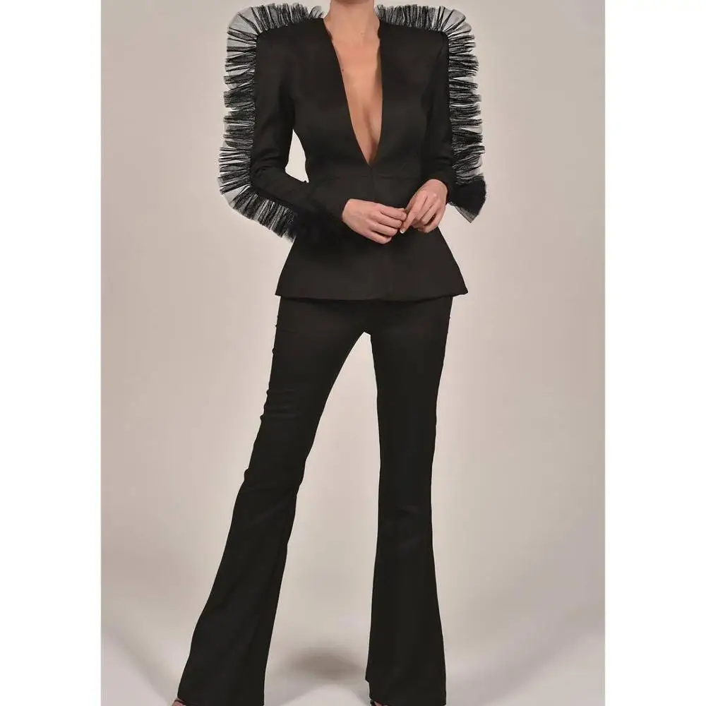 Женский винтажный костюм с брюками на осень и зиму пиджак брюки офисная одежда