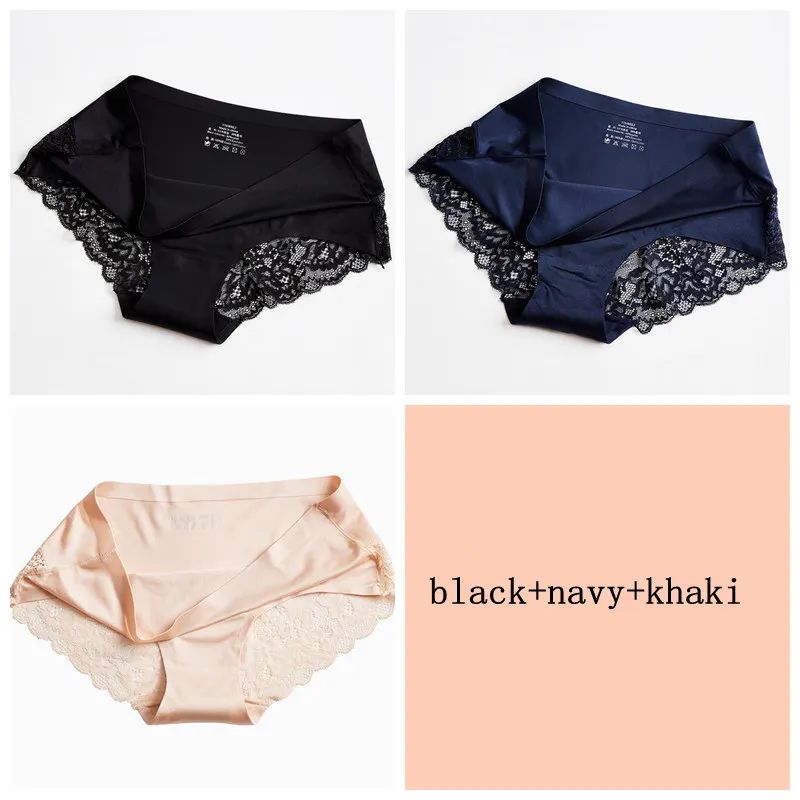 khaki navy black 3 шт., сексуальные кружевные бесшовные трусики, женские шелковые трусы, одноцветные трусы с низкой талией, нижнее белье, Летнее белье - Цвет: khaki navy black