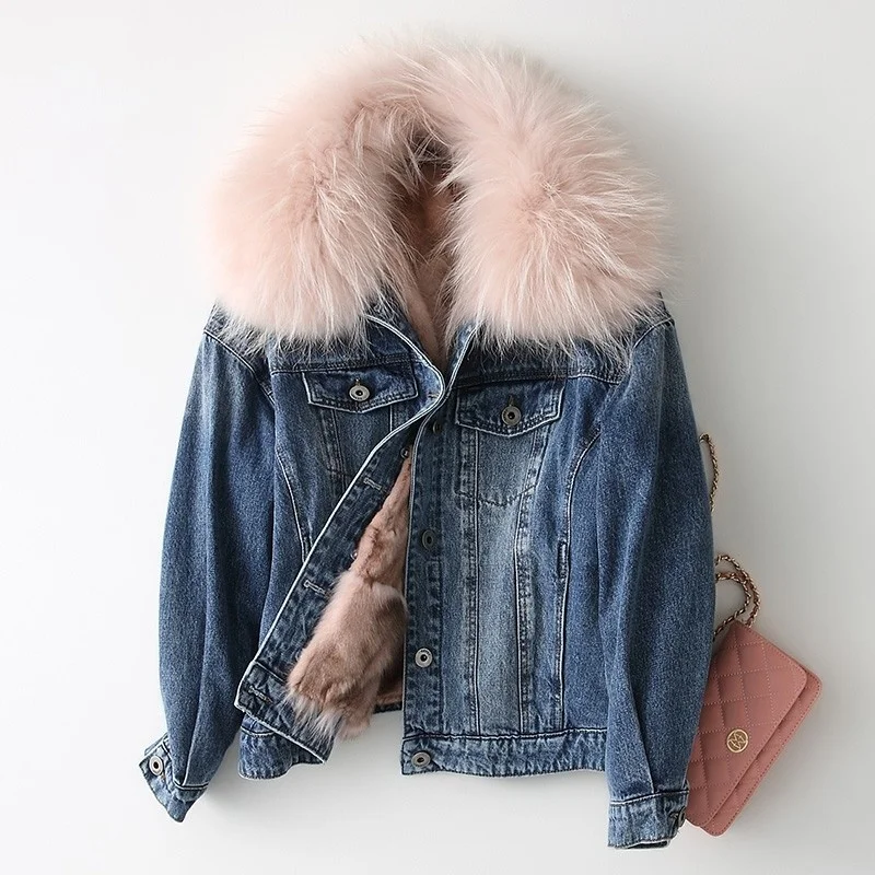 

New 2022 Luxury Real Fur Coat Natural Fox Fur Lined Denim Jacket Large Raccoon Collar Women Winter Slim Fit Thick Warm Coats