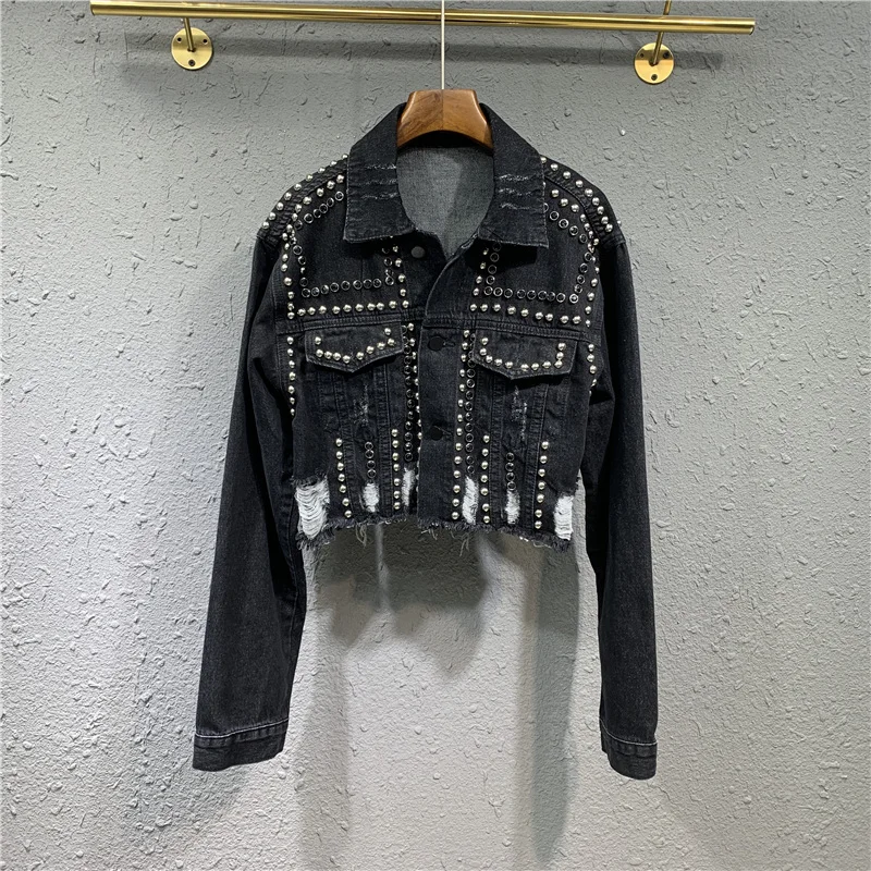 Heavy Rivet Jean Jacket for Women Fashion Slim Single Breasted Long Sleeve Worn Hollow Out Black Denim Jackets