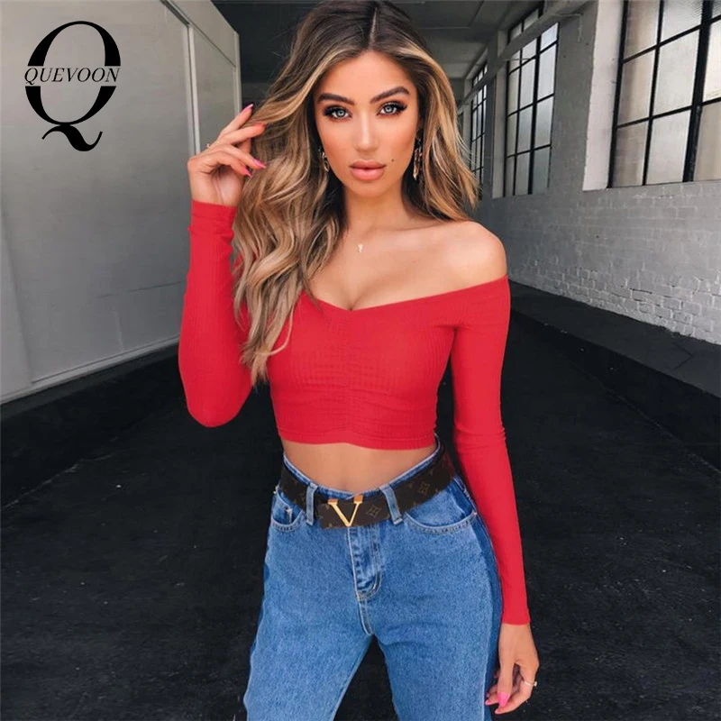 

QUEVOON Multi Colors Cropped Tees Knitted Off Shoulder Sexy Ladies T-Shirts For Autumn Winter 2020 Women's Stylish Tee Clothings