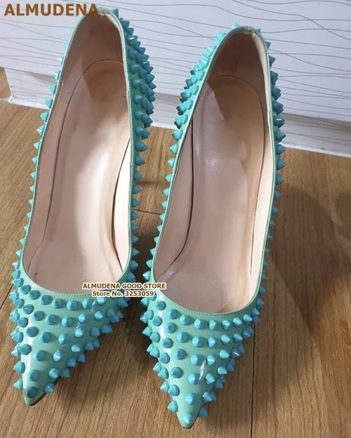 12cm heel as picture ALMUDENA/туфли-лодочки с заклепками на каблуке 12 см, 10 см, 8 см модельные туфли с острым носком на шпильке дизайнерская Свадебная обувь с закрытым носком размеры 45 - Цвет: 12cm heel as picture