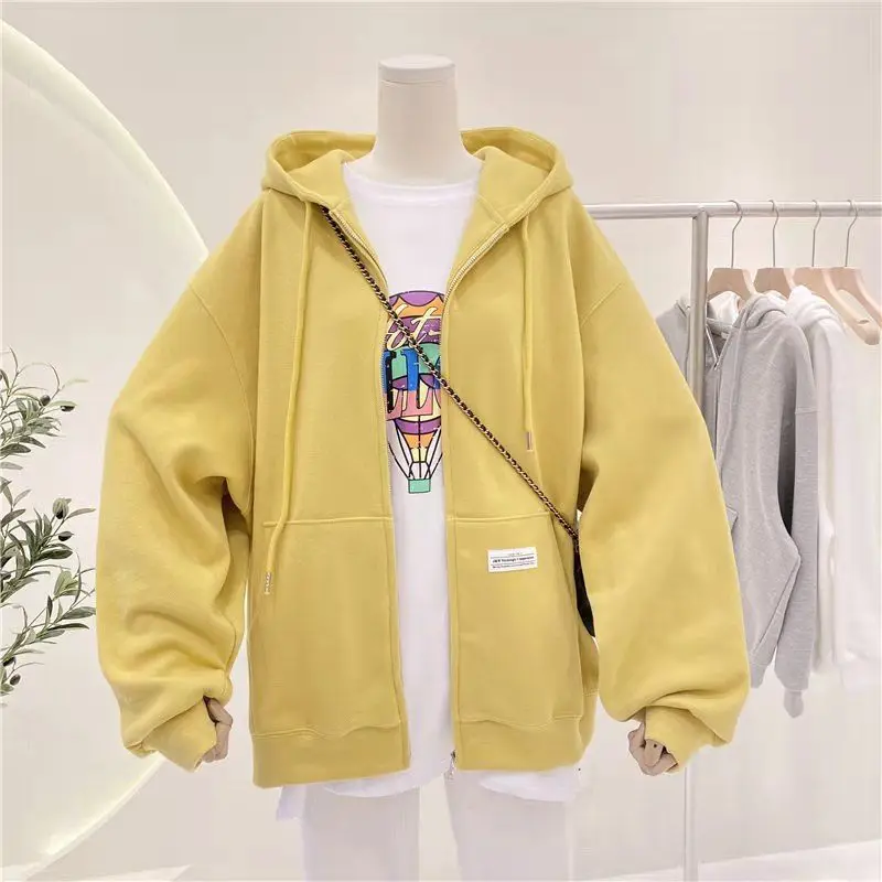 

Women's Sweater Cotton Solid Color Zipper Cardigan Hoodeds Sweatshirt Korean Version Of The New Casual Pocket Long Sleeves Tops