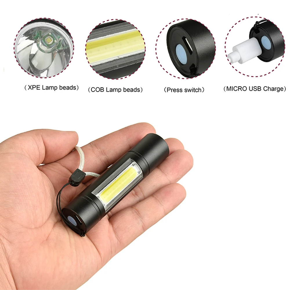 Mini LED Flashlight Built-in 14500 USB Rechargeable Q5+COB 3 Modes Torch Linterna Fishing Light Hunting Lamp | Лампы и освещение