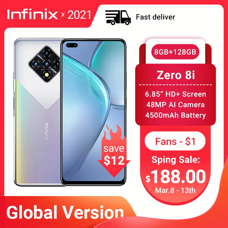 Глобальная версия Infinix Zero 8i 8 ГБ 128 мобильный телефон 6 85 &quotFHD 90 Гц Full Экран 48MP Quad Camera