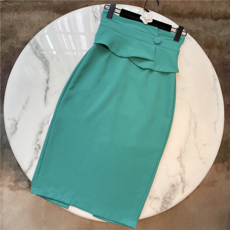 

Lady's Skirt Spring Sutumn Elegant One-step Skirt Flounced Slimming High Waisted Side Buckle Skirts Jupe Femme Green Black
