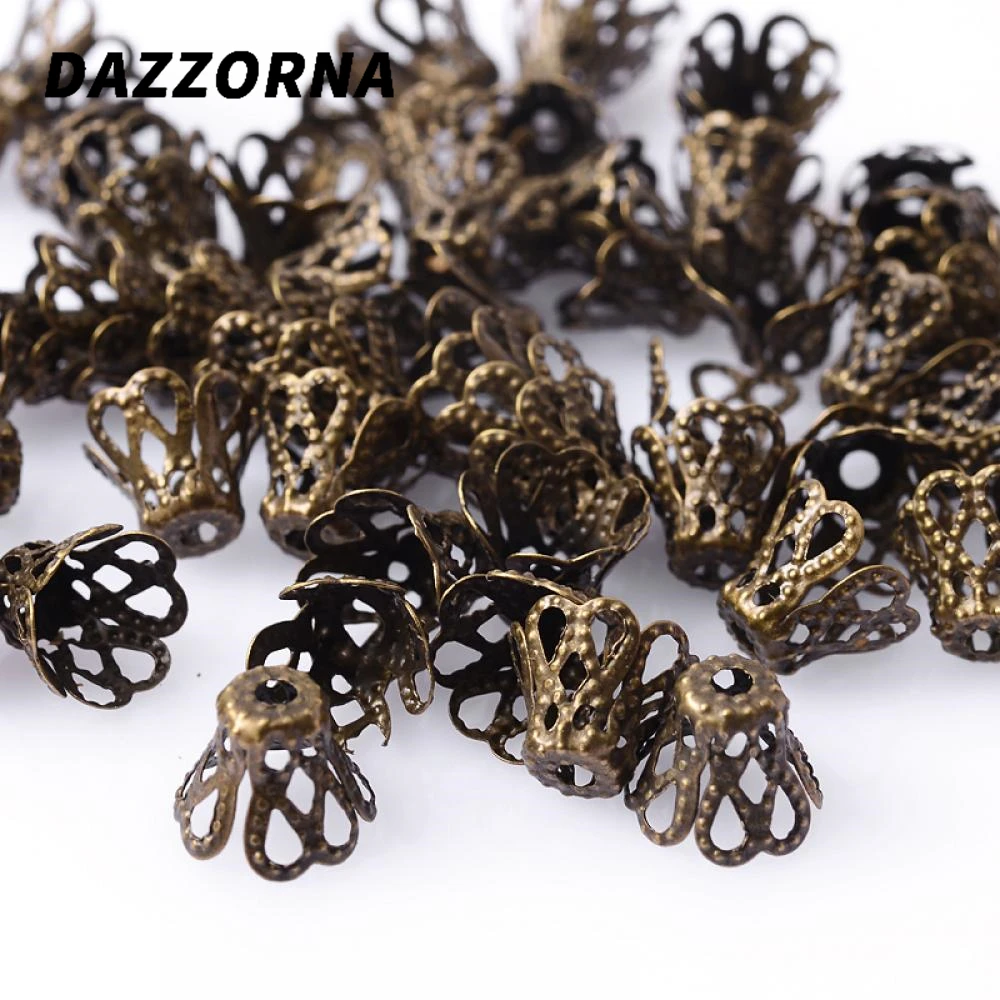 100 шт./лот полые цветочные трубочки бусины Концевики Золотая античная бронза