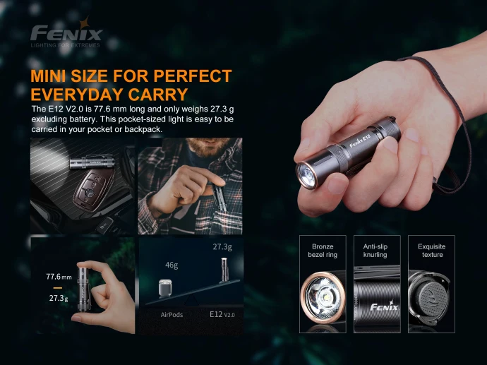 Fenix E12 V2.0 светодиодный Водонепроницаемый EDC ручной фонарик карманный брелок