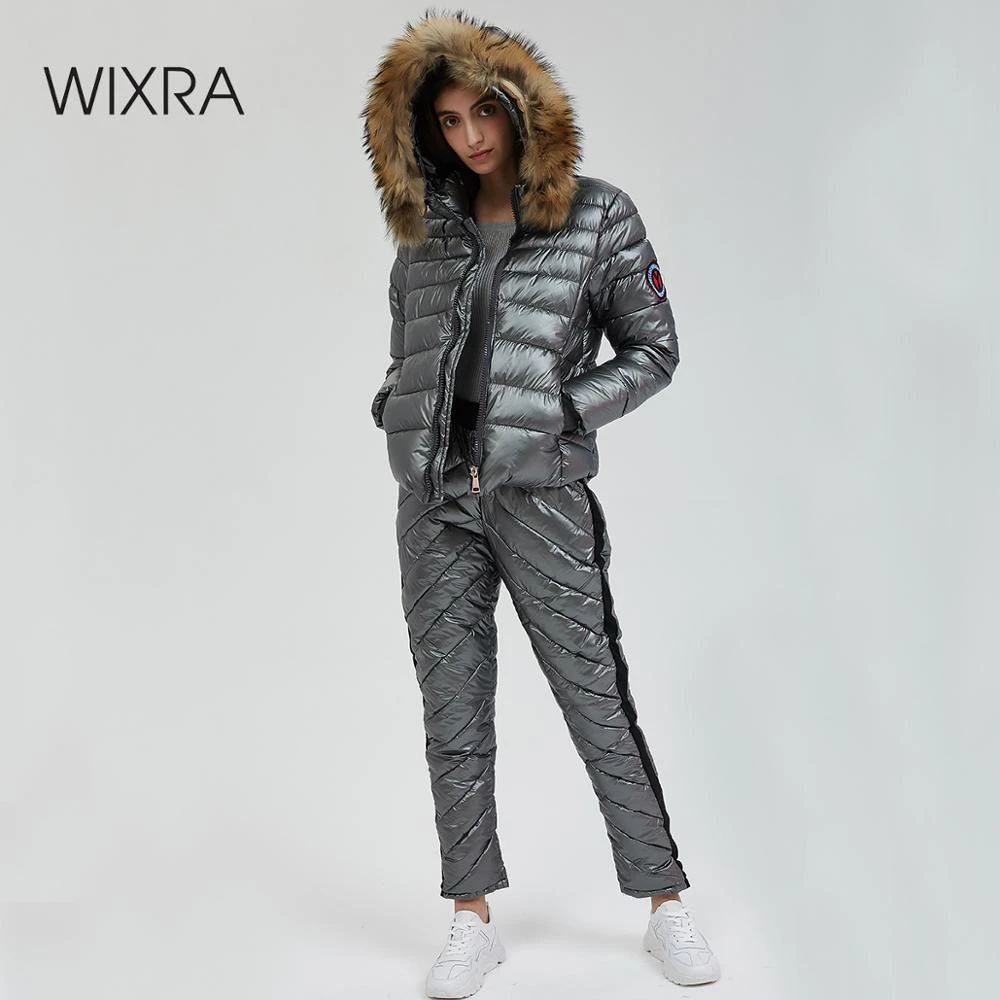 Cotton suit women's winter thick warm large fur collar hooded short cotton suit Slim two ski suits straight zipper sleeve