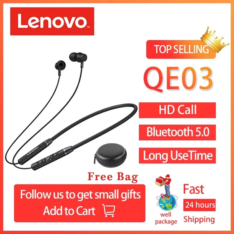 Оригинальные беспроводные Bluetooth-наушники Lenovo QE03 V5.0 с шейным ободом спортивные