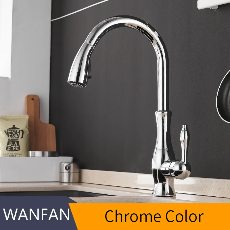 Chrome color Золотые кухонные смесители, серебристые, с одной ручкой, выдвижной кухонный кран, с одним отверстием, с ручкой, поворотный градусов, смеситель для воды, смеситель, кран 866011 - Цвет: Chrome color