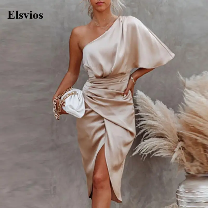 

Fashion Ruched Draped Split Satin Dress Sexy Backless Skew Collar Women Party Dress Elegant One-Shoulder Irregular Club Dresses
