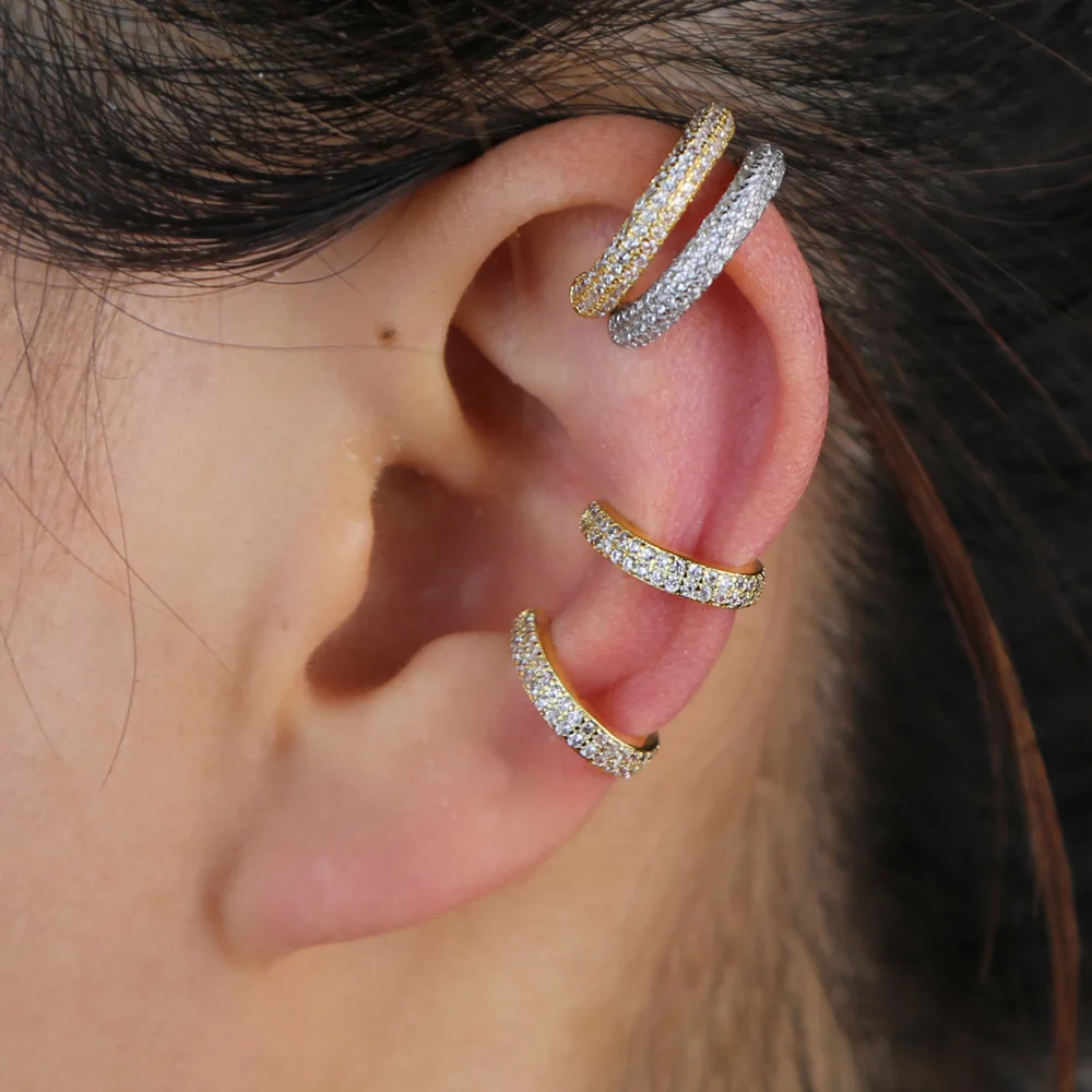 1piece Gold color white CZ Crystal Ear Cuff double piercing round cuff earrings for women no clip on earring jewelry | Украшения и