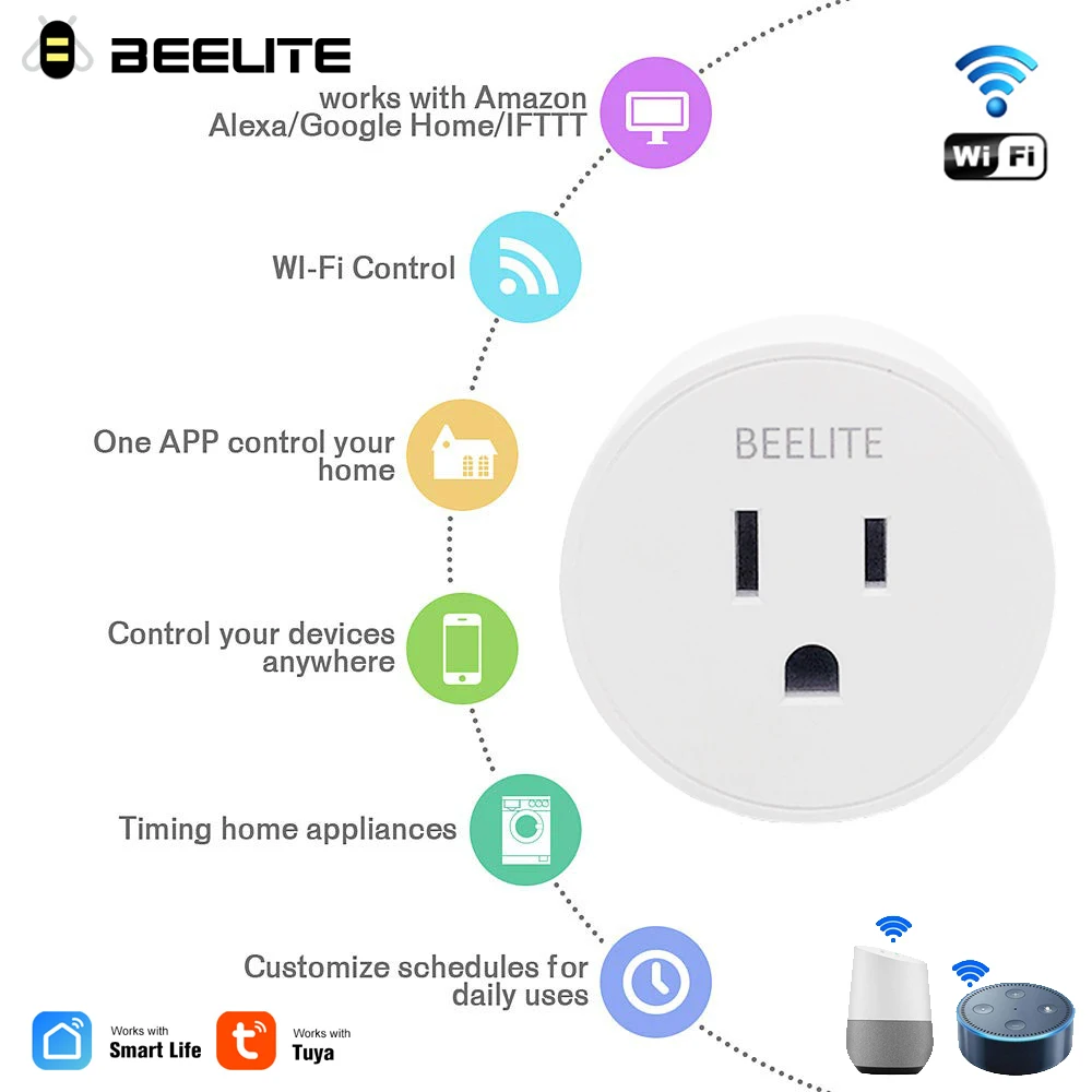 Смарт-розетка Beelite с таймером и поддержкой Wi-Fi, 10 А