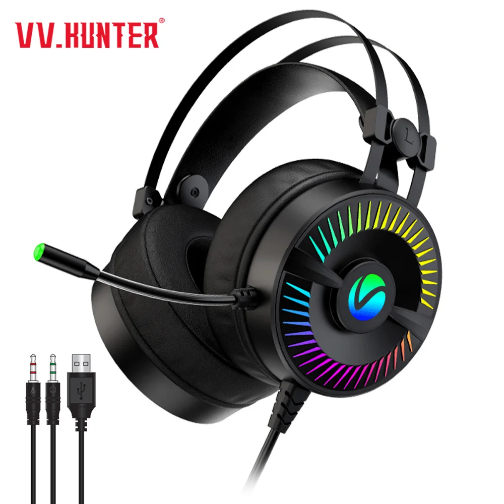 

Игровые наушники VV.HUNTER со стереозвуком 3,5 мм/USB Проводная гарнитура с RGB светильник кой для ноутбука, планшета, геймера с микрофоном