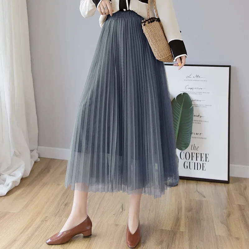 

New Women Calf Length Tulle Skirt Elastic High Waist Mesh Spring Summer Fashion Long Skirt A Line Girl Korean Pleated Faldas