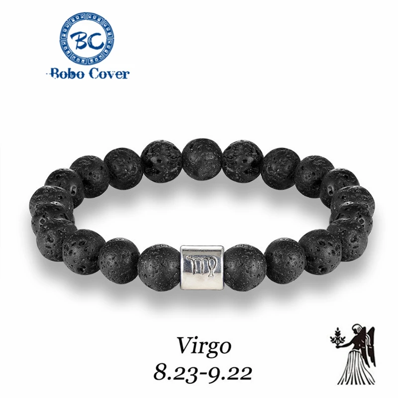 Мужской браслет с бусинами из натурального черного лавового камня 12 Созвездие