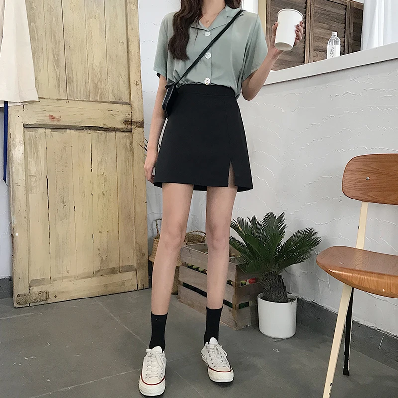 Юбка женская трапециевидная однотонная с высокой талией и разрезом | Женская