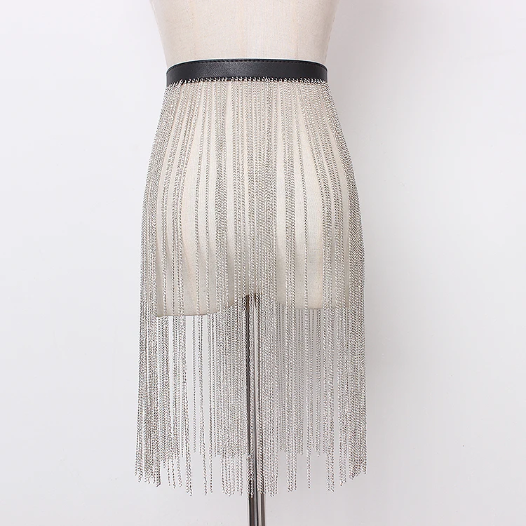 

GetSpring Women Belt Tassel Chain Fashion Belts All Match PU Leather Chain Belt Ladies Metal Tassel Waistband Women Leather Belt