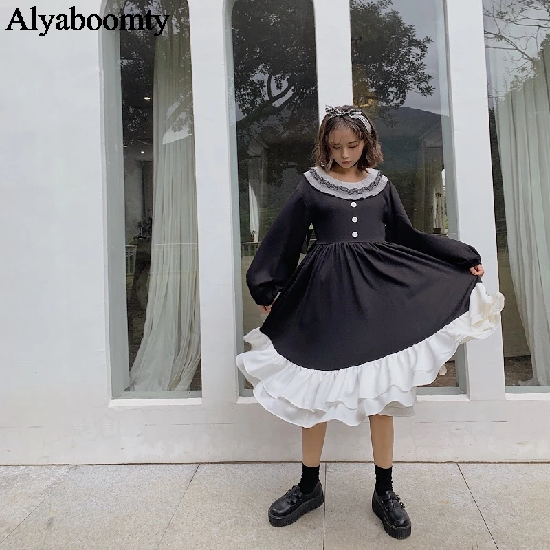 

Japanese Harajuku Women Black Midi Dress Gothic Punk Style Cosplay Lolita Dress Kawaii Double-Layered Ruffles Halloween Dresses