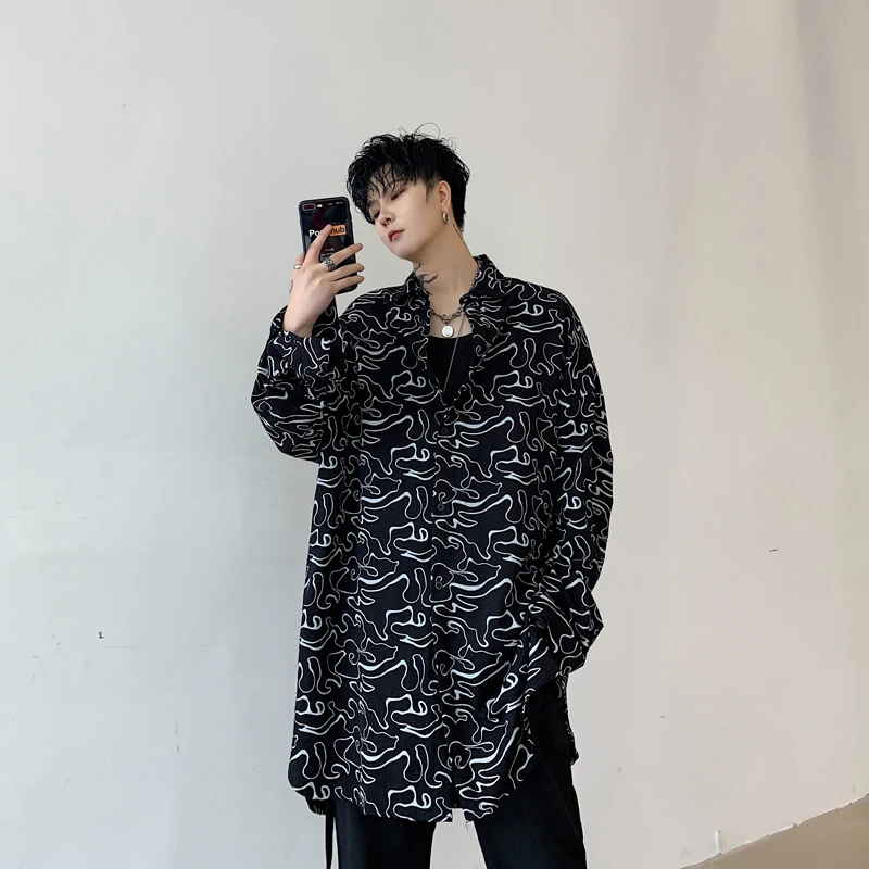 Men Shirt New Long Sleeve Loose Casual Pattern Print Male Streetwear Hip Hop Dress Stage Show Costumes | Мужская одежда