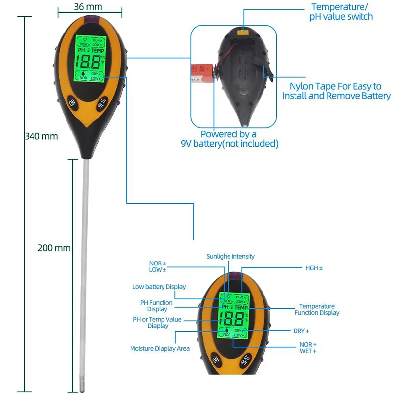 

4 In1 Plant Soil PH Meter Moisture Tester Light Analyzer Temperature Sunlight Intensity Measurement Analysis Acidity C1