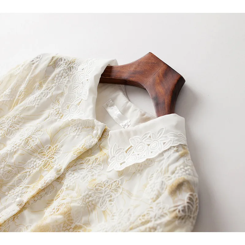 

Summer 2021Elegant White Lace with Yellow Print Half Buttons Short-Sleeve Slim Long Midi Shirt Dress Prom Party Formal Work