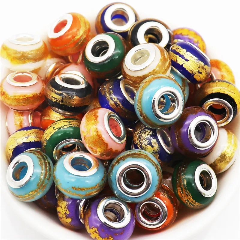 

10Pcs Wholesale Lot Bulk Large Hole Color Glitter Beads Charms Fit Pandora Bracelet Bangle Chain Necklace for Jewelry Making Kit