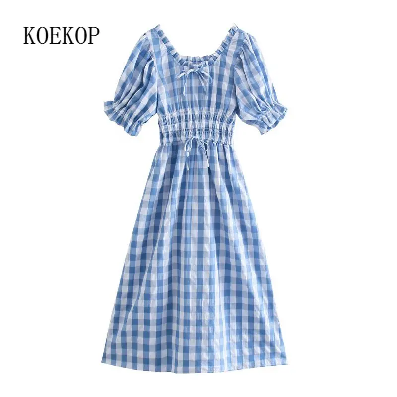 

Koekop Women Fashion Plaid Slim Waist Midi Shirt Dress Casual Short Sleeve O-Neck Chic Dresses femme