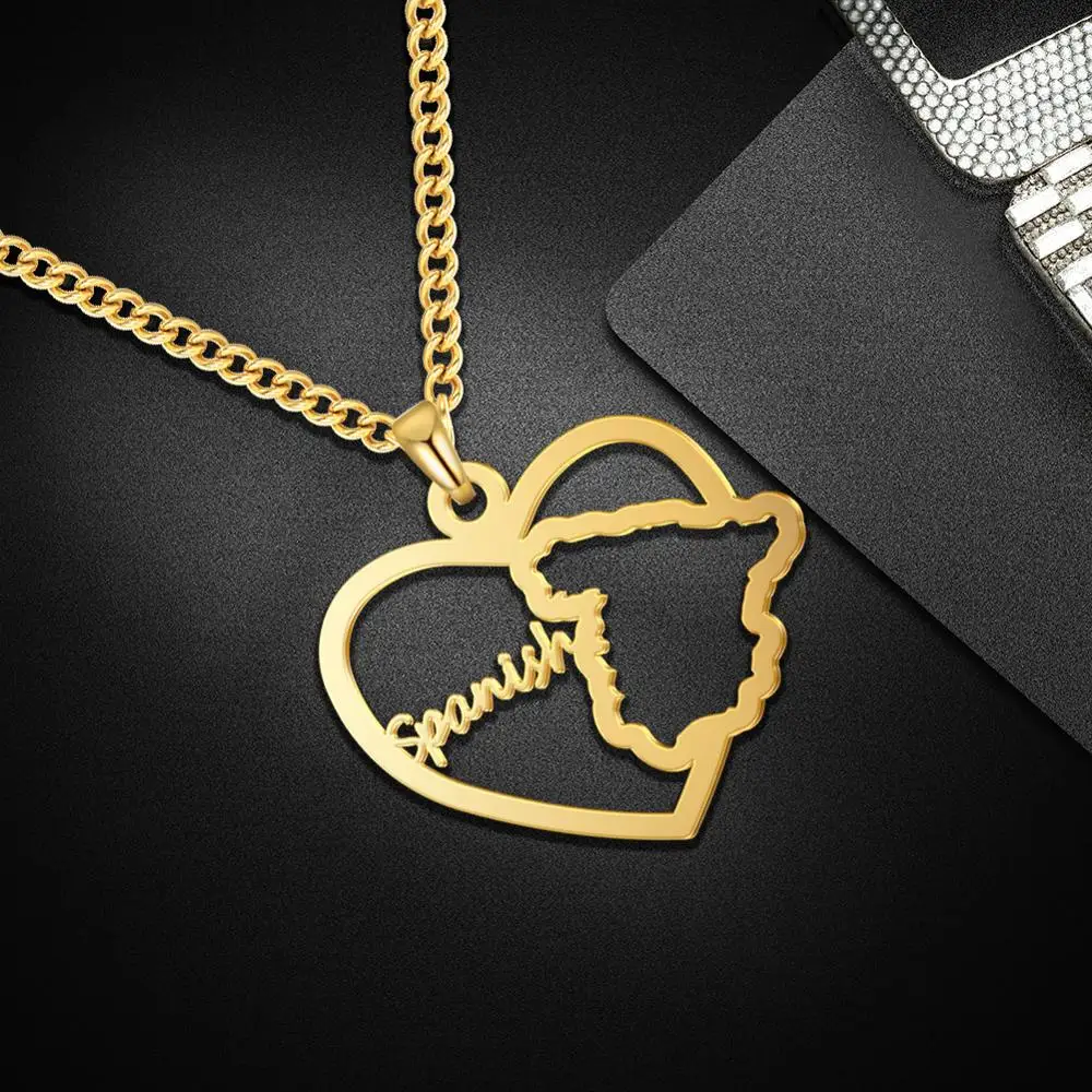 

Lemegeton Heart Name Spanish Map Necklaces For Women Girls Custom Heart Collar Pendant Necklace Customzied Nameplate Jewelry