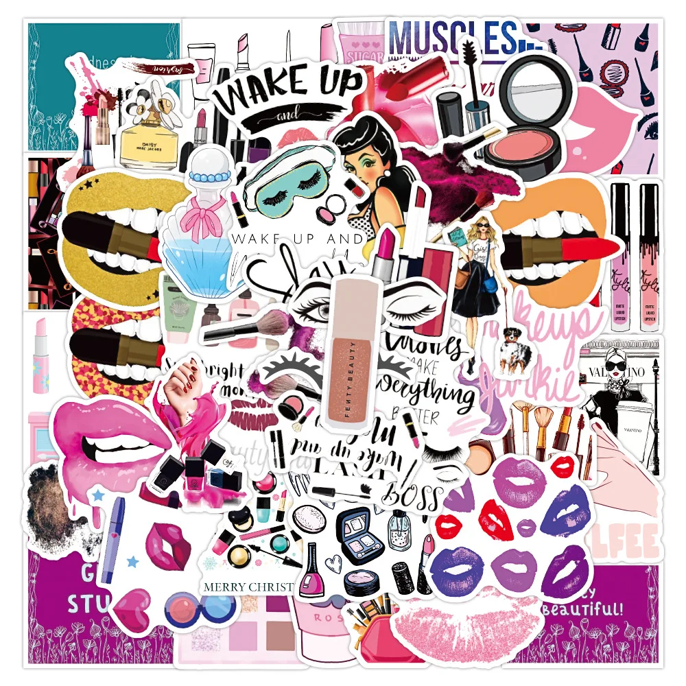 

50PCs Girl Cosmetics Stick Label Waterproof PVC Suitable for Luggage Notebook Water Cup Mobile Phone Decoration Stickers Toys