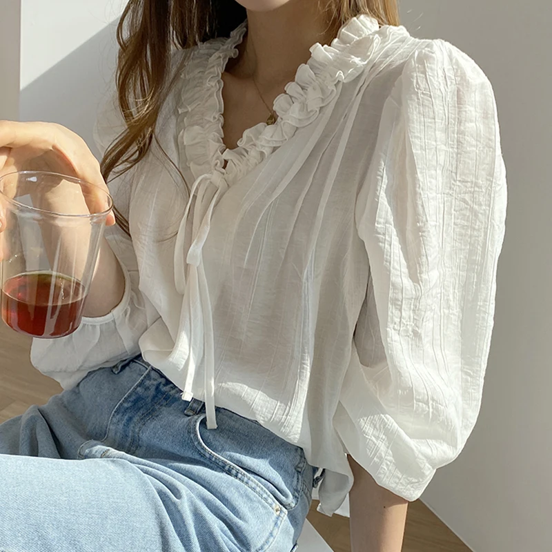 

GALCAUR Patchwork Shirts For Women V Neck Long Sleeve Pleated Lace Up Loose Solid Blouses Female Summer 2021 Clothing New Style