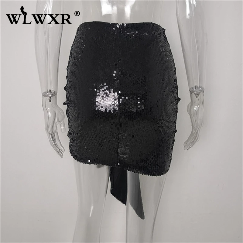 WLWXR/Пикантные мини-юбки из искусственной кожи; Женская Асимметричная черная юбка с блестками и высокой талией; Клубные вечерние юбки-карандаш в складку