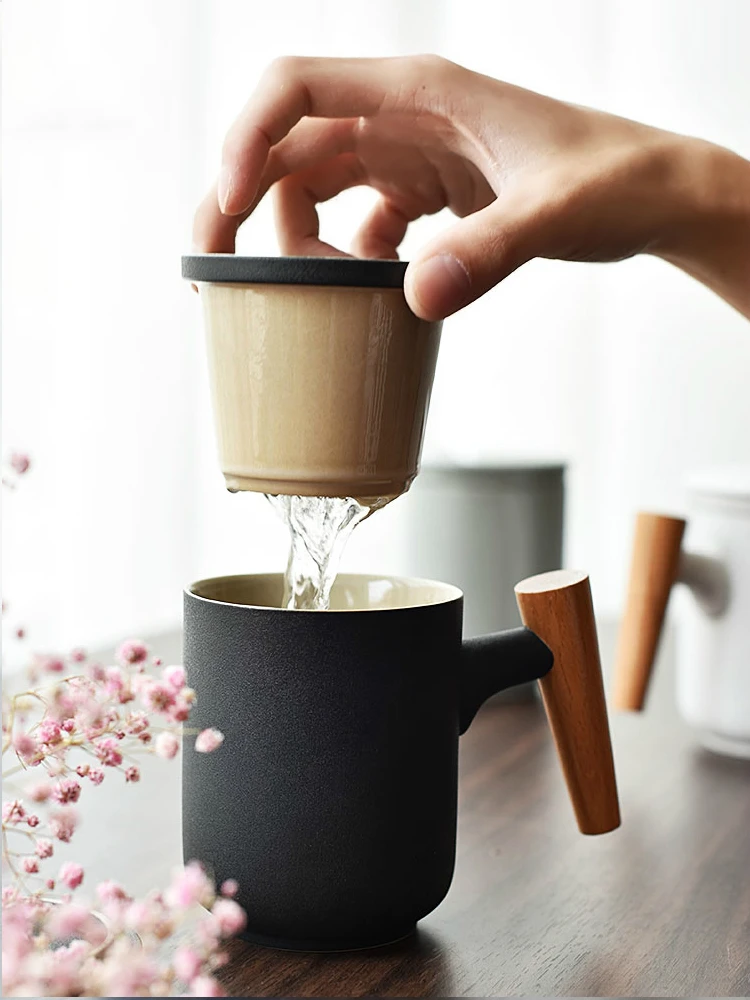Керамическая чашка с фильтром и крышкой 350 мл деревянная ручка кружка для кофе в