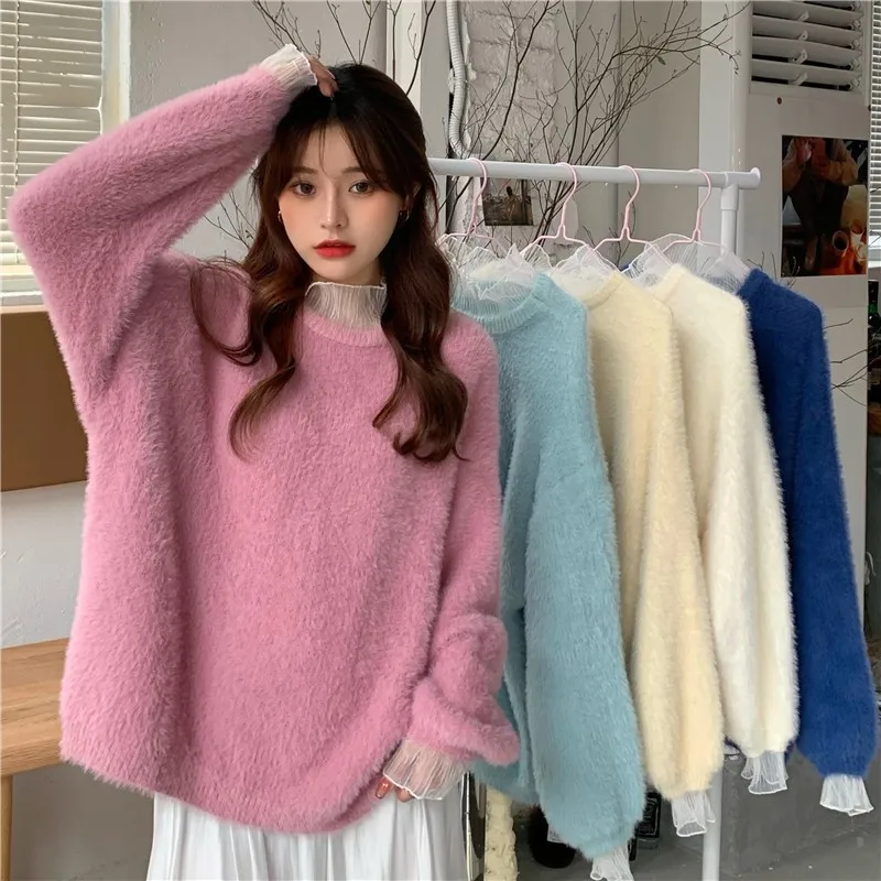 

Mink fleece sweater women fall/winter 2021 new hot style loose and gentle lace stitching knitted pullover sweater