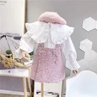 Комплект одежды для маленьких девочек; Цветная юбка в горошек на бретелях; Детские одежда для девочки-подростка; Белые рубашки с рюшами; Милая Корейская одежда