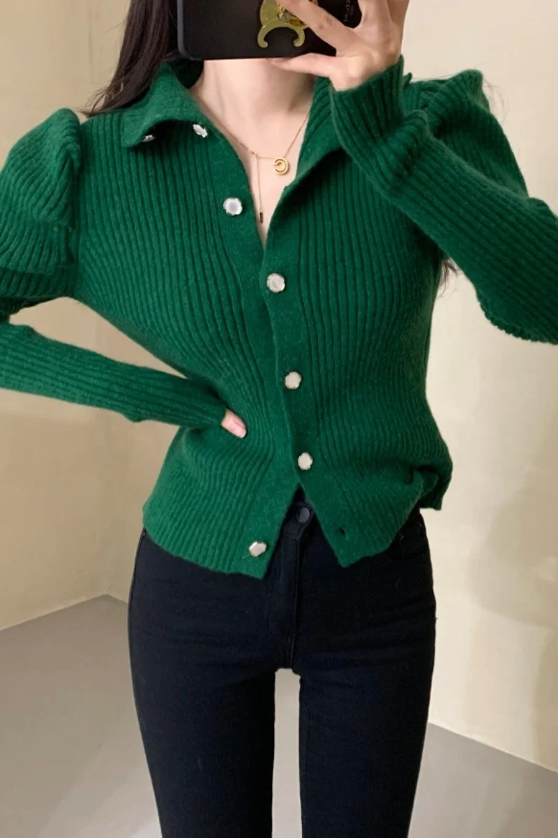 Bubble Sleeve Short Sweater Korean Chic Spring Simple Advanced Green Lapel Knitted Cardigan Single Breasted Womenshesam-B Nuyoah |