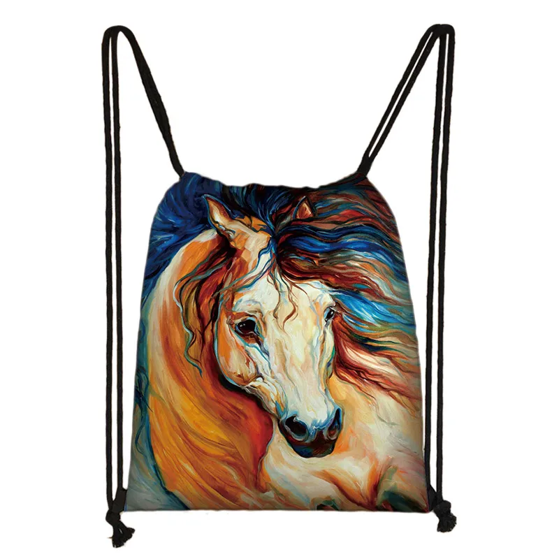 SKD-M0011 elegent animal horse print drawstring bag women men storage bag fashion rucksack cute pony boys girls backpack kids bookbag gift - Цвет: SKD-M0011