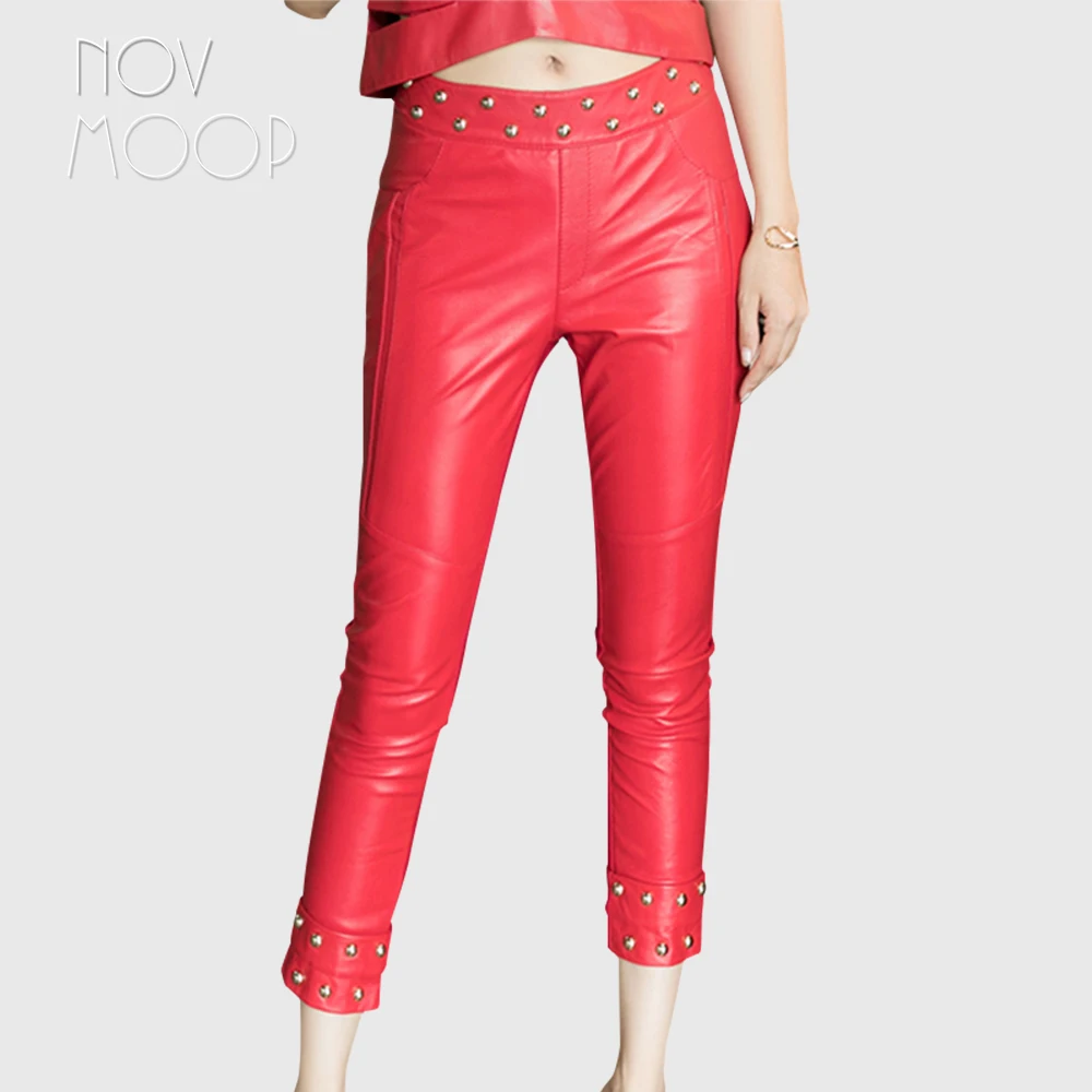 Novmoop декорированные заклепками стрейч кожа сплайсинга овчина натуральная узкие