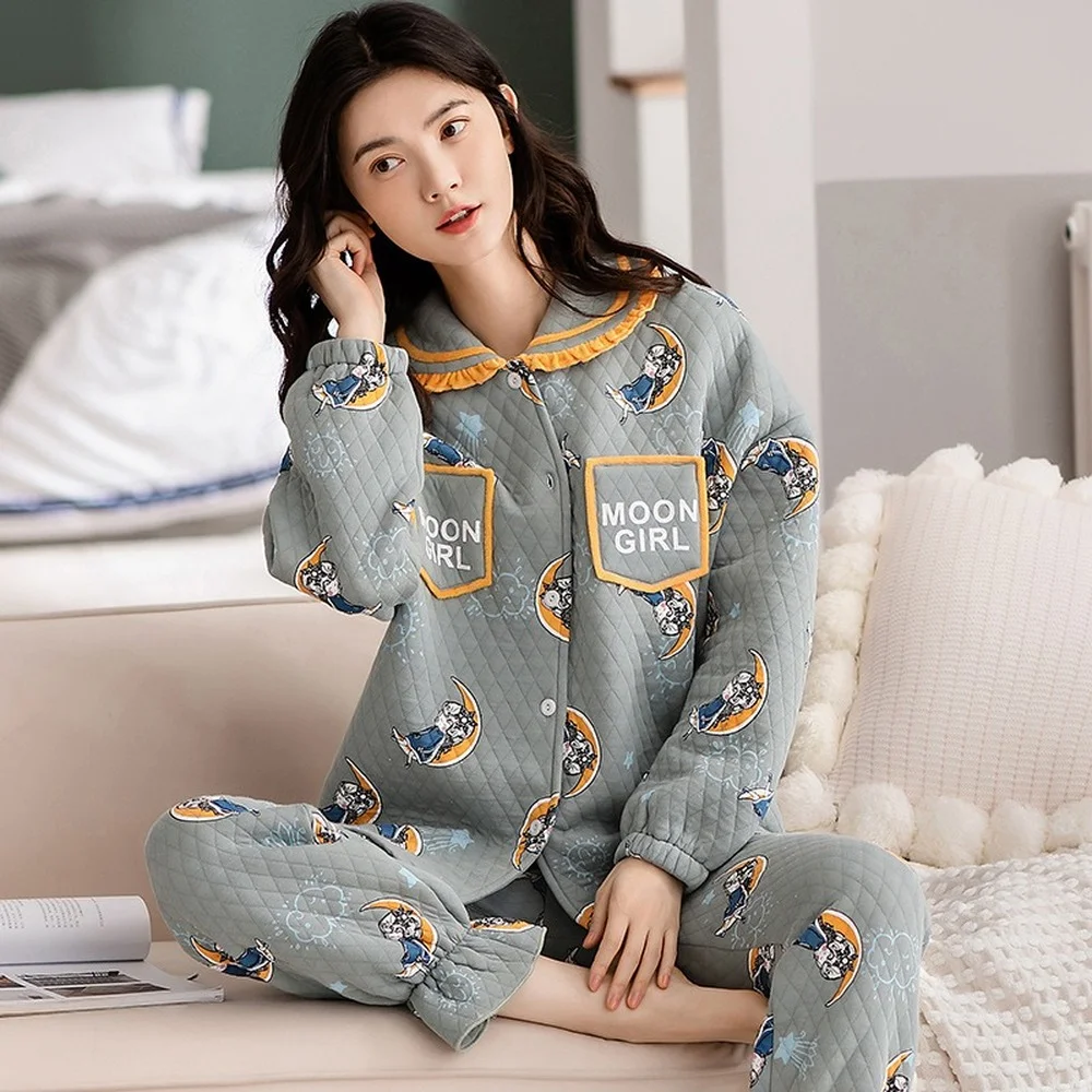Pure Cotton Women's Pajamas Sandwich Set Pajamas for Women Cardigan Thicken Warm Homewear Sleepwear Winter pyjama pour femme